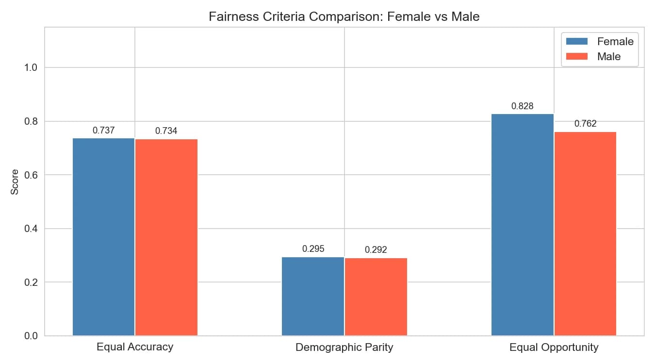Fairness criteria comparison chart: equal accuracy (female 0.737 vs male 0.734), demographic parity (0.295 vs 0.292), equal opportunity (0.828 vs 0.762)