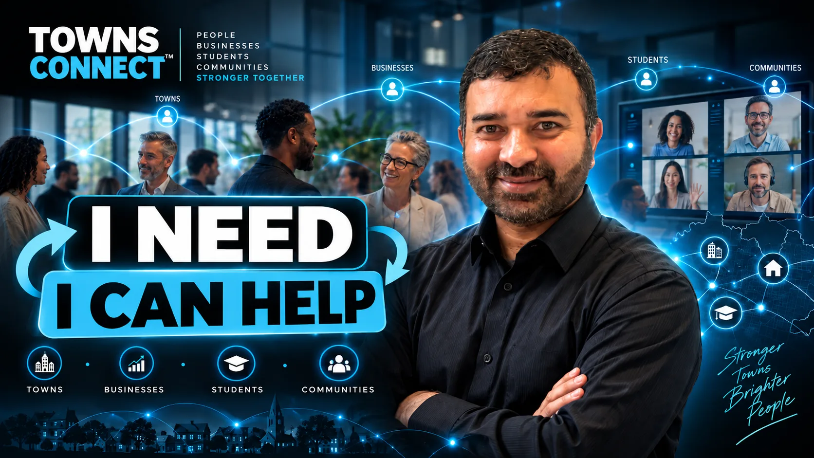 TownsConnect feed showing I need and I can help posts connecting towns, businesses, students and communities